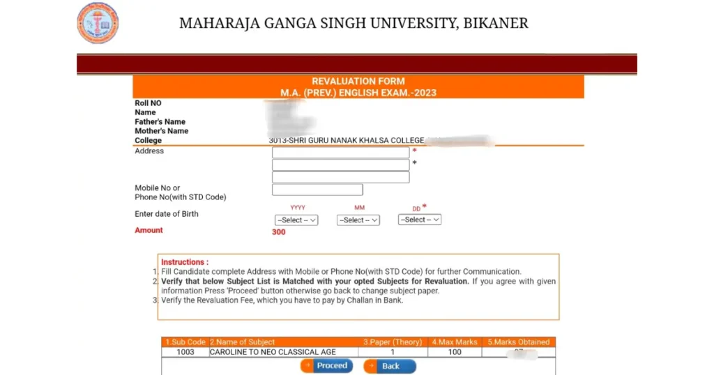 MGSU Revaluation form fees